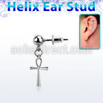 ball shaped 316l steel ear stud w dangling ankh cross 