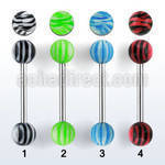 bbdxt 316l steel tongue barbell w acrylic zebra striped ball
