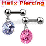 bber15 316l steel helix barbell with dangling round prong cz