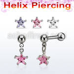 bber72b steel helix barbell w dangling prong set star cz stone 