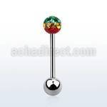 bbfr5r 316l steel tongue barbell with 5mm rasta color crystal