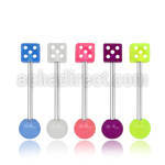 bbgldi 316l steel tongue barbell with acrylic luminous dice