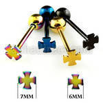 bbtcr anodized 316l steel tongue barbell w cross top ball