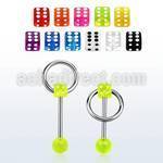 bbuvdisl 316l steel tongue barbell w uv dice top w slave ring