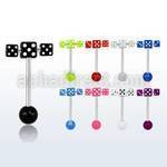 bbvdspn 316l steel tongue barbell w uv ball spinner w dice