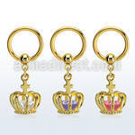 bcrtgz6 gold plated 316l steel bcr, 14g w dangling crown w cz