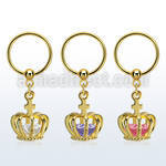 bcrtsz12 gold plated 316l steel bcr, 16g w dangling crown w cz