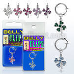 blcp541 fake belly clip w a dangling crystal shamrock leaf 