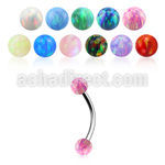 steel eyebrow banana 20g w two 3mm synthetic opal balls
