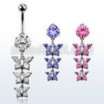 bnrz289 casted steel cz belly banana w chain of 3 cz butterflies