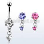 bnrz337 casted steel cz belly banana w dangling heart shaped cz