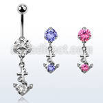 bnrz371 casted steel cz belly banana w anchor design w round cz