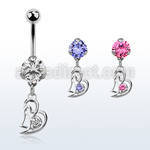 bnrz373 casted steel cz belly banana w double heart w round cz