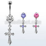 bnrz379 casted steel cz belly banana w vintage style cross w cz