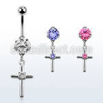 bnrz394 casted steel cz belly banana w cross w round cz