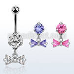 bnrz408 casted steel cz belly banana w dangling prong set cz bow