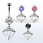 bnrz575 casted steel cz belly banana w dangling diamond shaped
