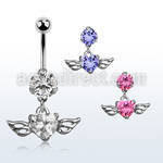 bnrz586 casted steel cz belly banana w heart shaped cz w wings