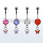 bnrz589 casted steel cz belly banana w small butterfly w cz