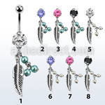 bnrz601 casted steel cz belly banana w feather w 3 faux pearls
