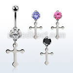 bnrz756 casted steel cz belly banana w dangling plain cross