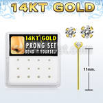 box  14kt gold bend it nose stud w 1.5 & 2mm prong set cz