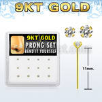 box  9kt gold bend it nose stud w 1.5 & 2mm prong set czs