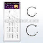 box w 25 steel clip on nose hoops, 18g
