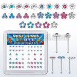 box w 52 silver nose bones w flower crystal tops