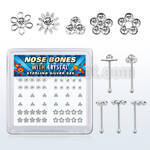 box w 52 silver nose bones w flower crystal tops in clear