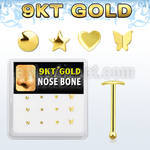 box w 9kt gold nose bones w assorted shaped tops 