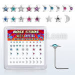 box w silver nose studs w star & moon tops w mix crystals