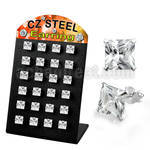 brezq6 stainless steel earring stud w prong square cz stone
