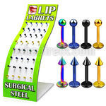 brmlb9 display of anodized 316l labret with 3mm balls cones