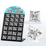 brsczsq9 silver ear stud with big clear prong set square cz stone