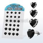 brszhb silver ear stud w black prong set cz heart stone