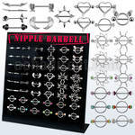 danp3 display w 24 assorted steel nipple barbells shields