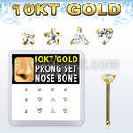dginb17 box w 10kt gold nose bones w 3mm cz stones in mix shape