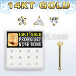 dgnb20 box w 14kt gold nose bones w 3mm cz in mixed shapes