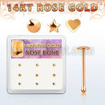 drnb10 box w 14kt rose gold nose bones w star, heart ,disc top