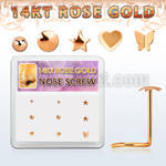 drsc19 box w 9 14kt rose gold nose screws w assorted shaped top