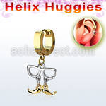 ehg507 gold steel helix huggie w dangling gold mustache w