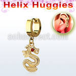 ehg721 gold steel helix huggie w dangling dragon w crystal eyes