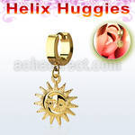 ehg726 gold steel helix huggie w dangling gold colored sun
