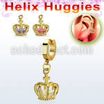 ehgz590 gold stainless steel helix huggie w dangling crown w cz