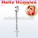 ehhlcrs steel helix huggie earring w a cross dangling on chain