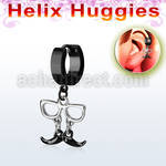 ehk507 black steel helix huggie w dangling black mustache