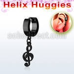 ehk709 black steel helix huggie w dangling black musical note
