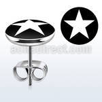 er198 pair of stainless steel ear studs w white star on black