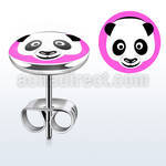 er267 pair of stainless steel earring studs with panda on pink